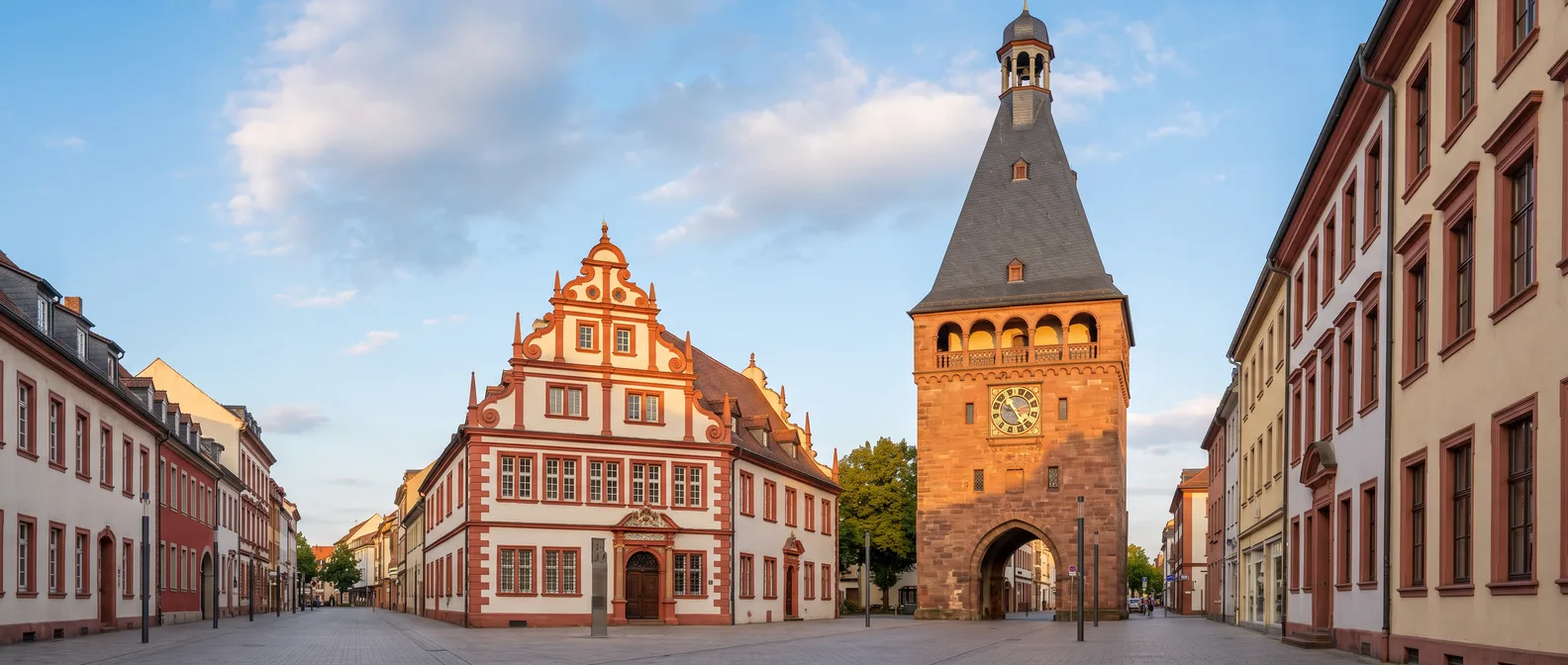 Mittelalterliches Stadttor Altpörtel aus rotem Sandstein mit Uhr, Bogengalerie und steilem Schieferdach, daneben ein rot-weißes Renaissance-Giebelhaus im Abendlicht