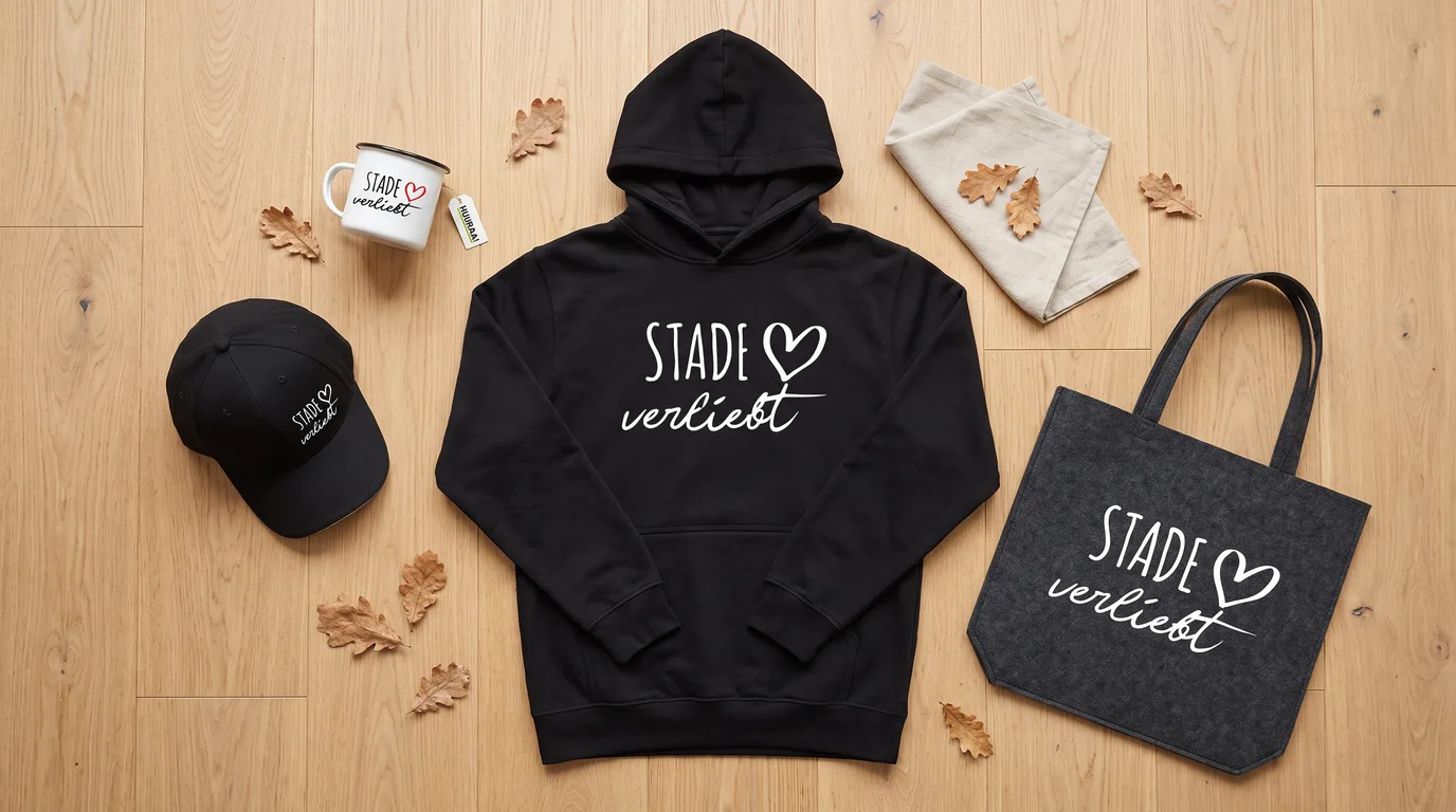 Flatlay mit schwarzem Hoodie „Stade verliebt“, Cappy, Emaille-Tasse und grauem Filzshopper auf Holzboden