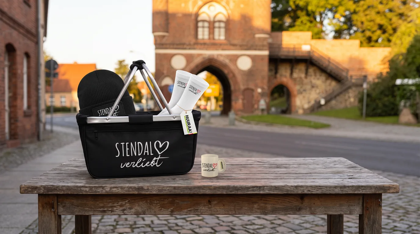 Schwarzer Einkaufskorb Stendal verliebt mit Beanie und Socken, daneben die Kaffeetasse, auf einem Holztisch vor dem Uenglinger Tor