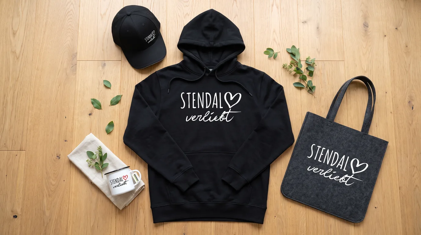 Flatlay mit schwarzem Hoodie Stendal verliebt, Cappy, Emaille-Tasse und grauem Filzshopper auf Holzboden