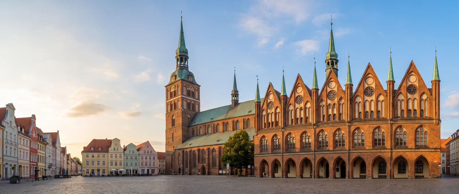 Das Stralsunder Rathaus mit seiner Backsteingotik-Schaufassade und die Nikolaikirche am Alten Markt im Abendlicht