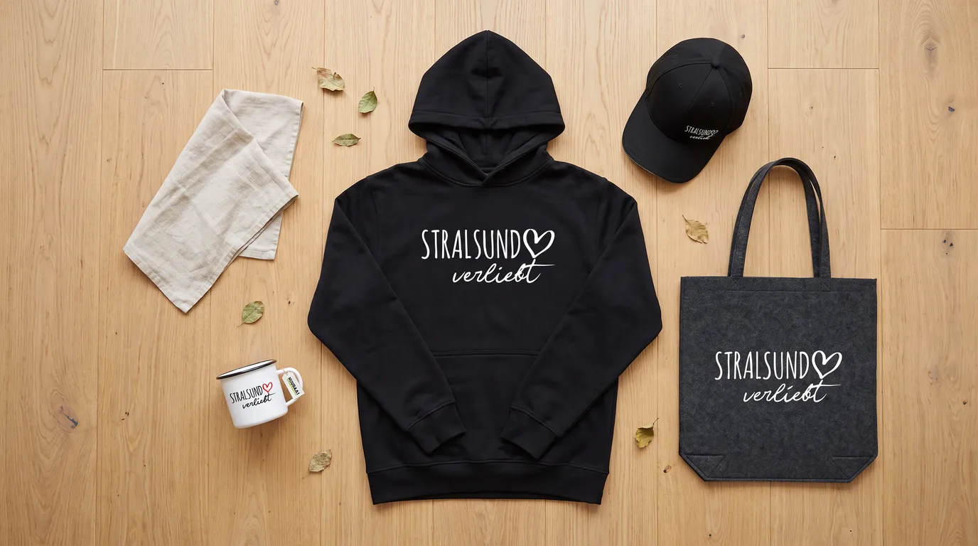 Flatlay mit schwarzem Hoodie, Cap, Emaille-Tasse und Filzshopper mit Stralsund-verliebt-Druck auf Holzboden