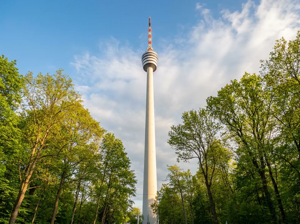 Der schlanke Stuttgarter Fernsehturm mit gestreiftem Turmkorb zwischen grünen Baumkronen