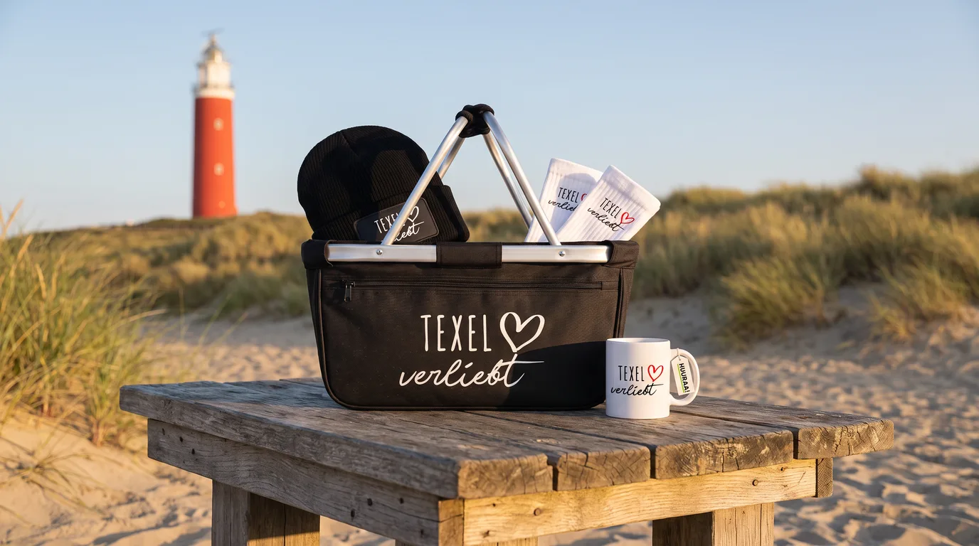 Schwarzer faltbarer Einkaufskorb „Texel verliebt“ mit Beanie und Socken, daneben die Kaffeetasse, auf einem Holztisch in den Dünen vor dem Leuchtturm Eierland