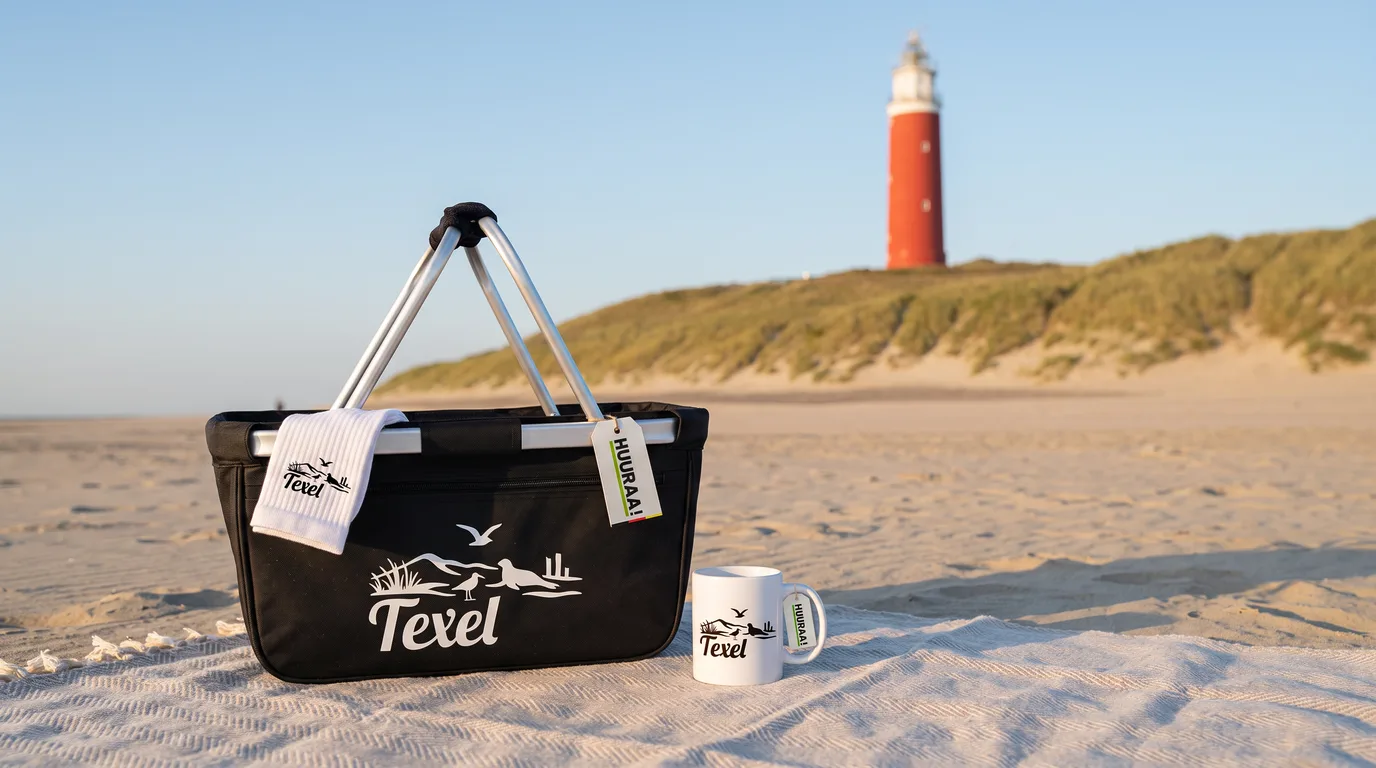 Schwarzer Einkaufskorb, weiße Socken und Kaffeetasse mit Texel-Inselmotiv mit Seehund und Möwe auf einer Stranddecke vor dem Leuchtturm Eierland