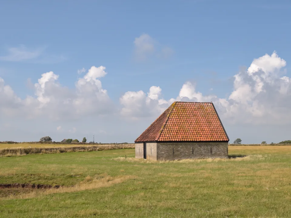 Traditionelle Texeler Schafscheune mit schrägem, rotem Ziegeldach allein auf einer grünen Polderwiese unter blauem Himmel