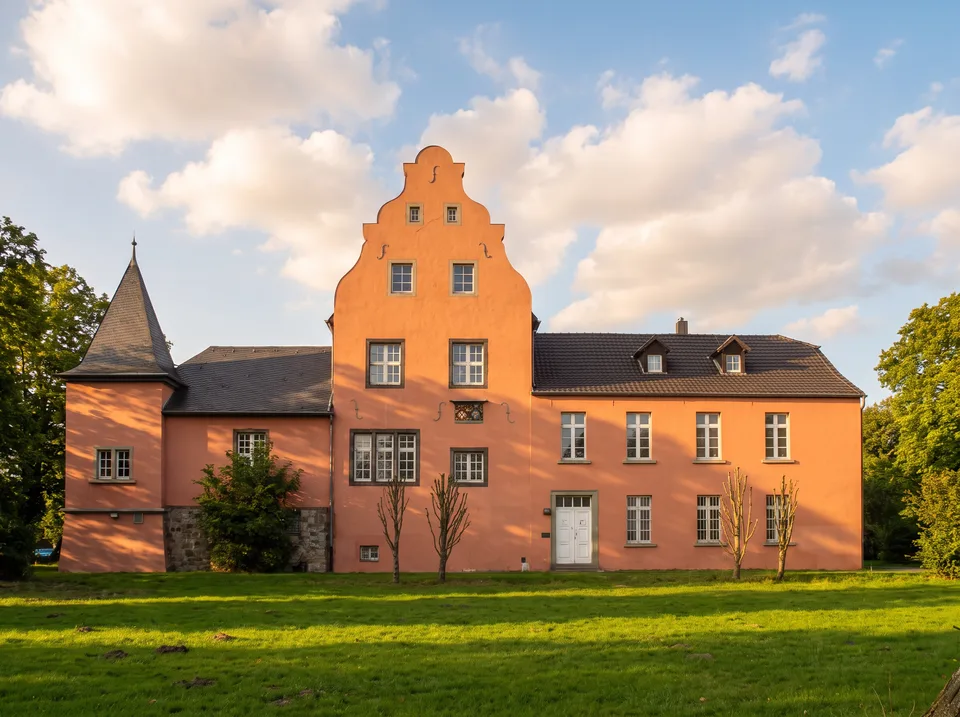 Das lachsrosa verputzte Haus Broich in Spich mit Treppengiebel, langem Flügel und Schieferdach hinter einer grünen Wiese