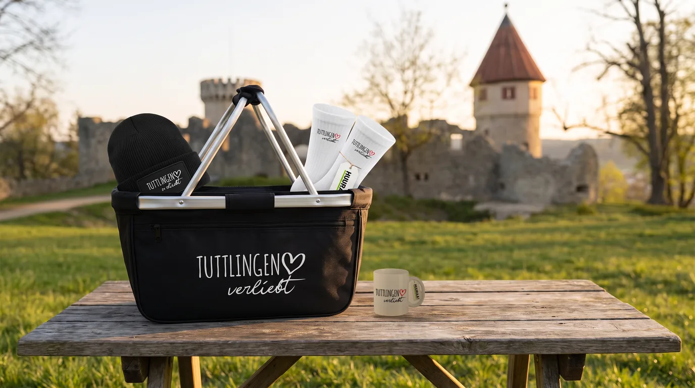 Schwarzer Einkaufskorb Tuttlingen verliebt mit Beanie und Socken, daneben die Kaffeetasse, auf einem Holztisch vor der Burgruine Honberg