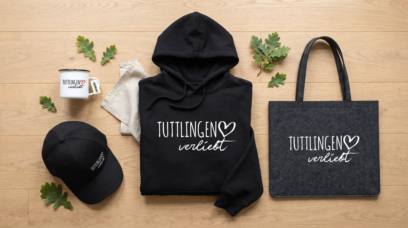 Flatlay mit schwarzem Hoodie Tuttlingen verliebt, Cappy, Emaille-Tasse und grauem Filzshopper auf Holzboden