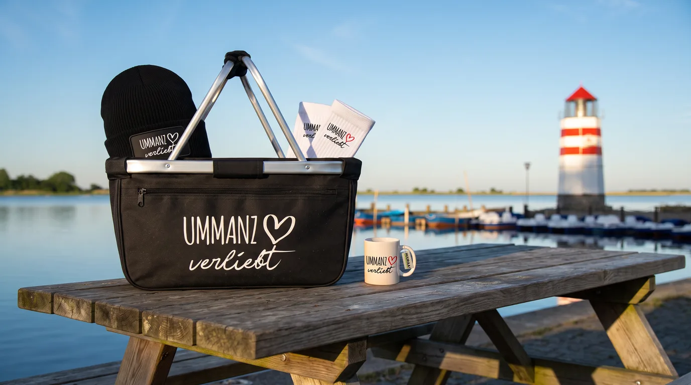 Einkaufskorb „Ummanz verliebt“ mit Beanie und Socken, daneben die Kaffeetasse, auf einem Holztisch vor dem Leuchtturm von Waase