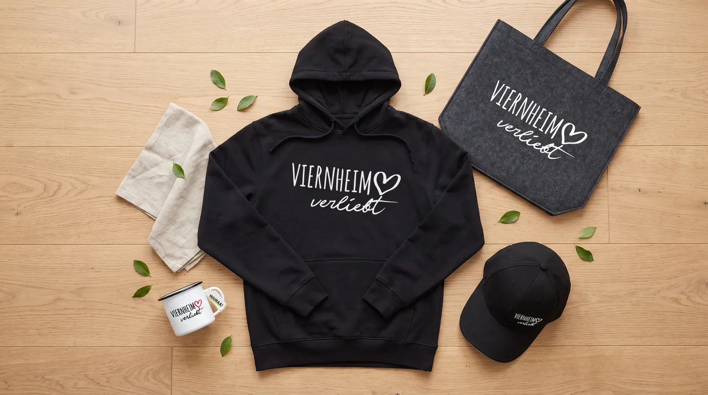 Flatlay mit schwarzem Hoodie, Cap, Emaille-Tasse und Filzshopper mit Viernheim-verliebt-Druck auf Holzboden