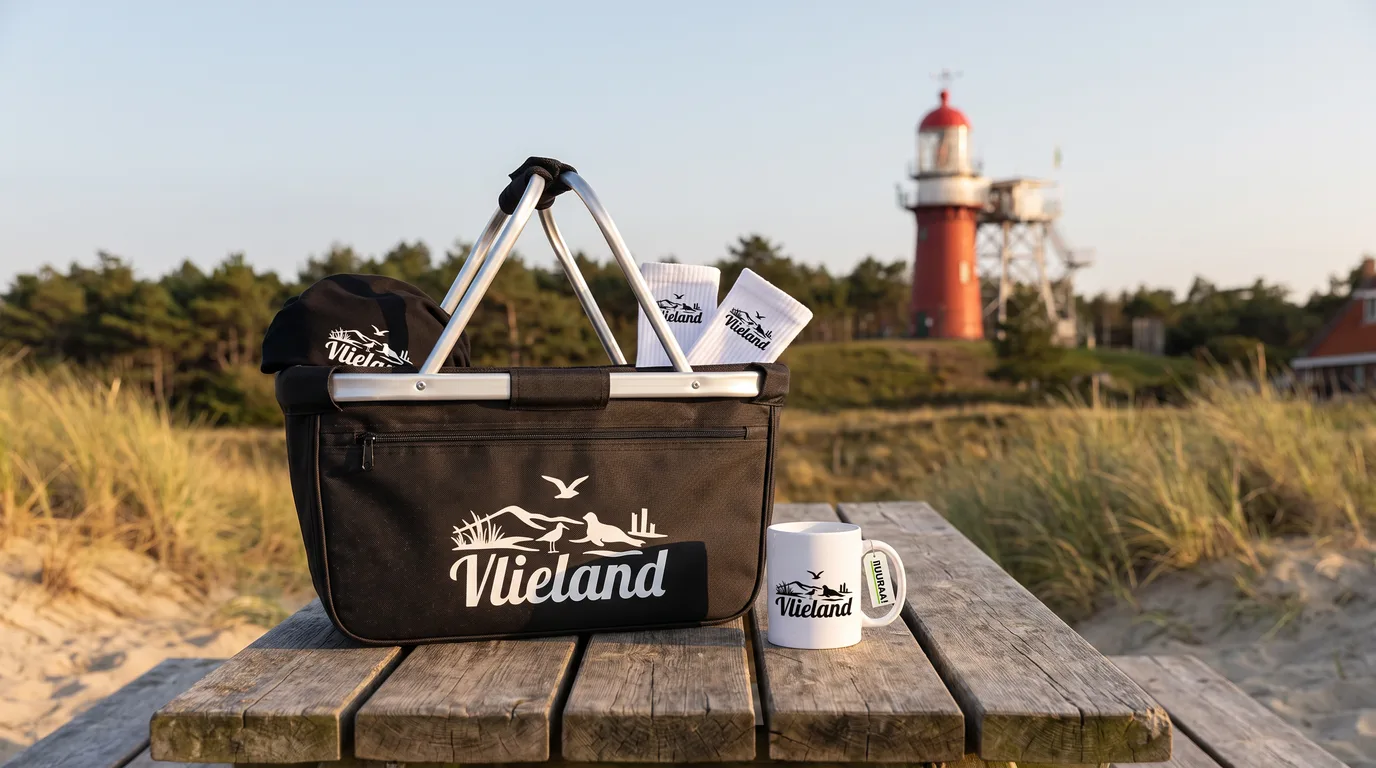Schwarzer faltbarer Einkaufskorb „Vlieland“ mit Beanie und Socken, daneben die Kaffeetasse, vor dem roten Leuchtturm in den Dünen