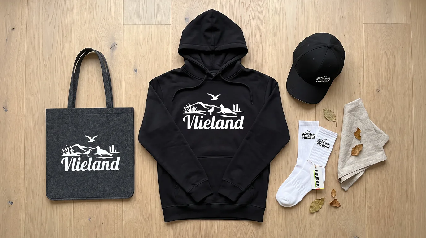 Flatlay mit schwarzem Hoodie, Cappy, grauem Filzshopper und weißen Socken mit Vlieland-Motiv auf hellem Holzboden