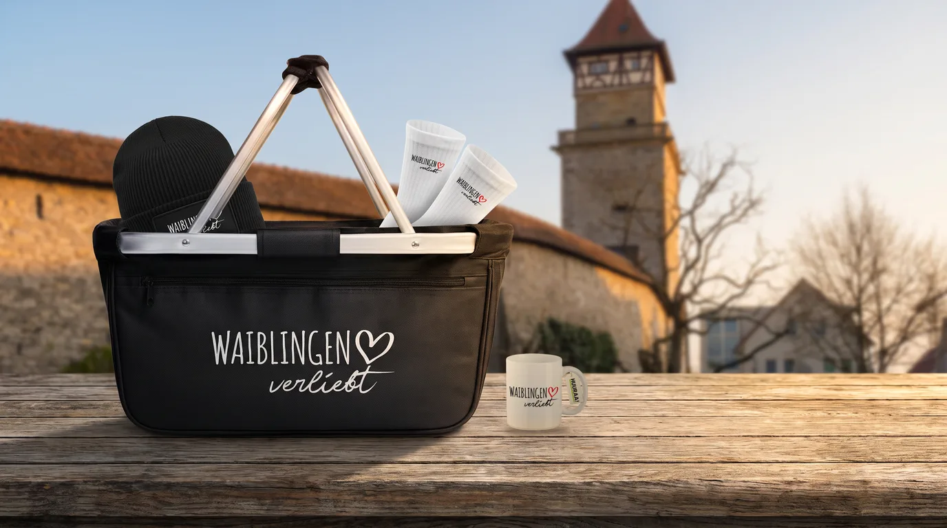 Schwarzer faltbarer Einkaufskorb „Waiblingen verliebt“ mit Beanie und Socken, daneben die Kaffeetasse, vor Hochwachtturm und Stadtmauer