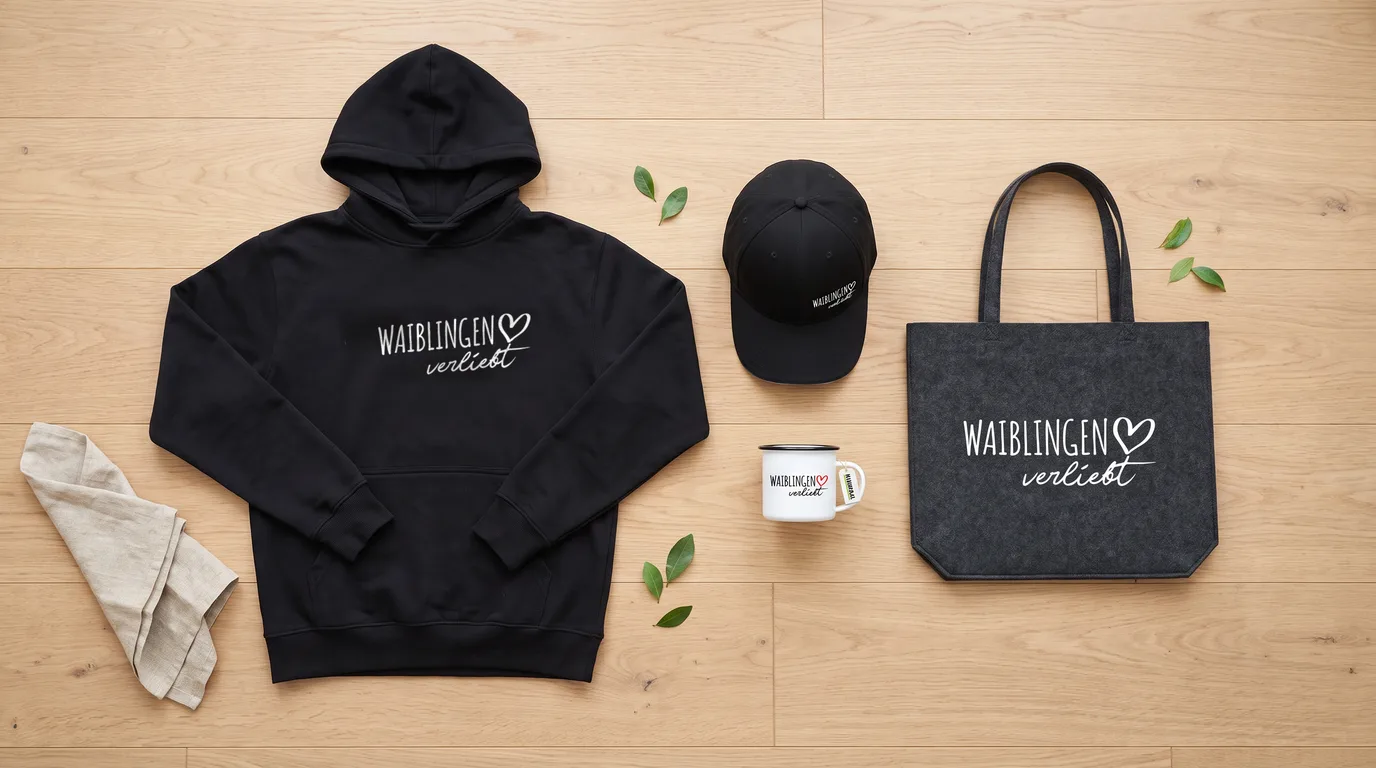Flatlay mit schwarzem Hoodie, Cappy, Emaille-Tasse und Filzshopper „Waiblingen verliebt“ auf hellem Holzboden