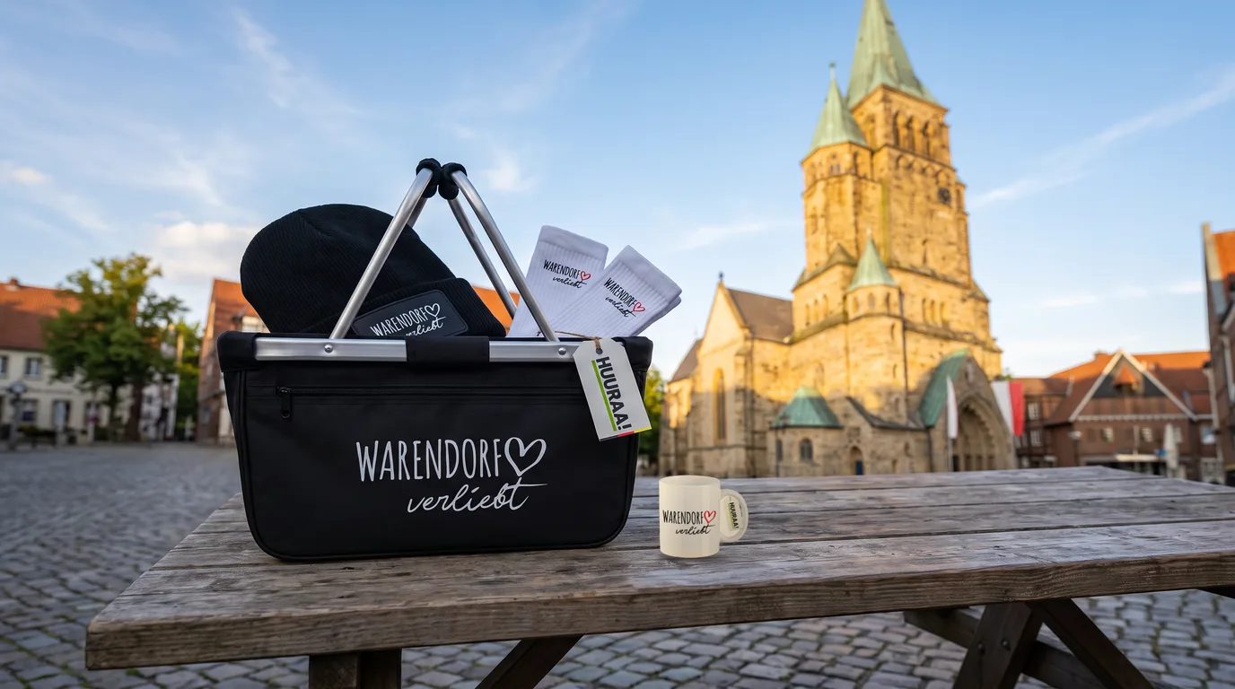 Schwarzer Einkaufskorb Warendorf verliebt mit Beanie und Socken, daneben die Kaffeetasse, auf einem Holztisch vor der Kirche St. Laurentius