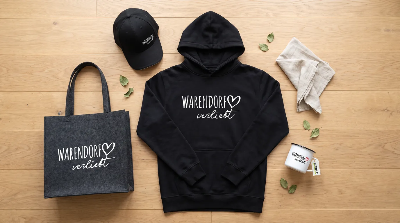 Flatlay mit schwarzem Hoodie Warendorf verliebt, Cappy, Emaille-Tasse und grauem Filzshopper auf Holzboden