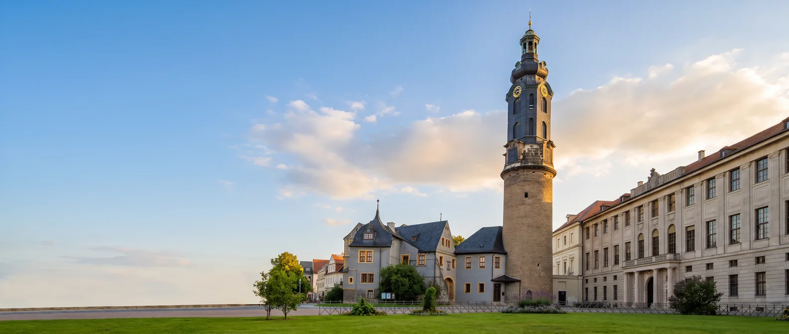 Das Weimarer Stadtschloss mit hohem Schlossturm und klassizistischem Schlossflügel am Burgplatz im Abendlicht