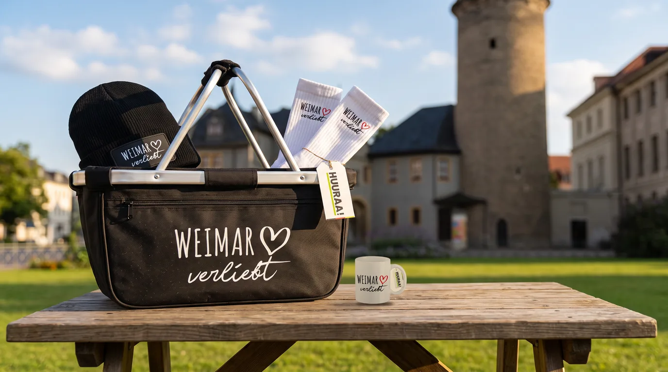 Faltbarer Einkaufskorb Weimar verliebt mit Beanie und Socken, daneben eine Kaffeetasse, vor dem Turm des Weimarer Stadtschlosses
