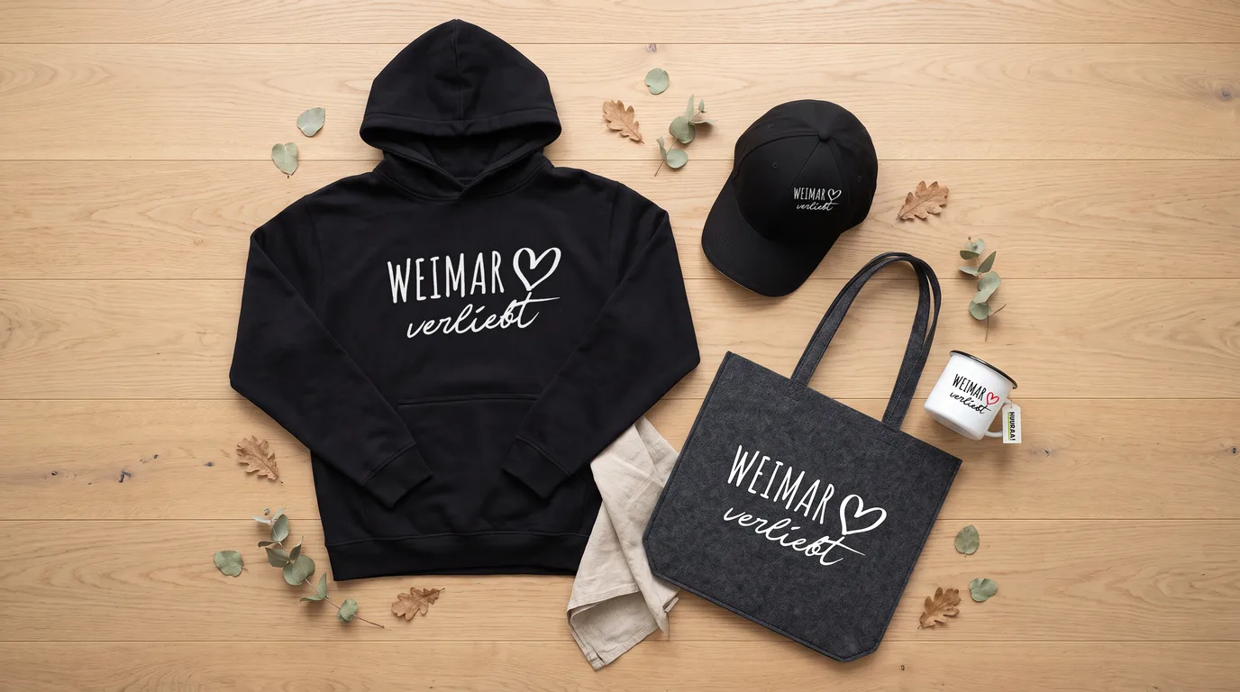 Flatlay mit schwarzem Hoodie, Cap, Emaille-Tasse und Filzshopper mit Weimar-verliebt-Druck auf Holzboden