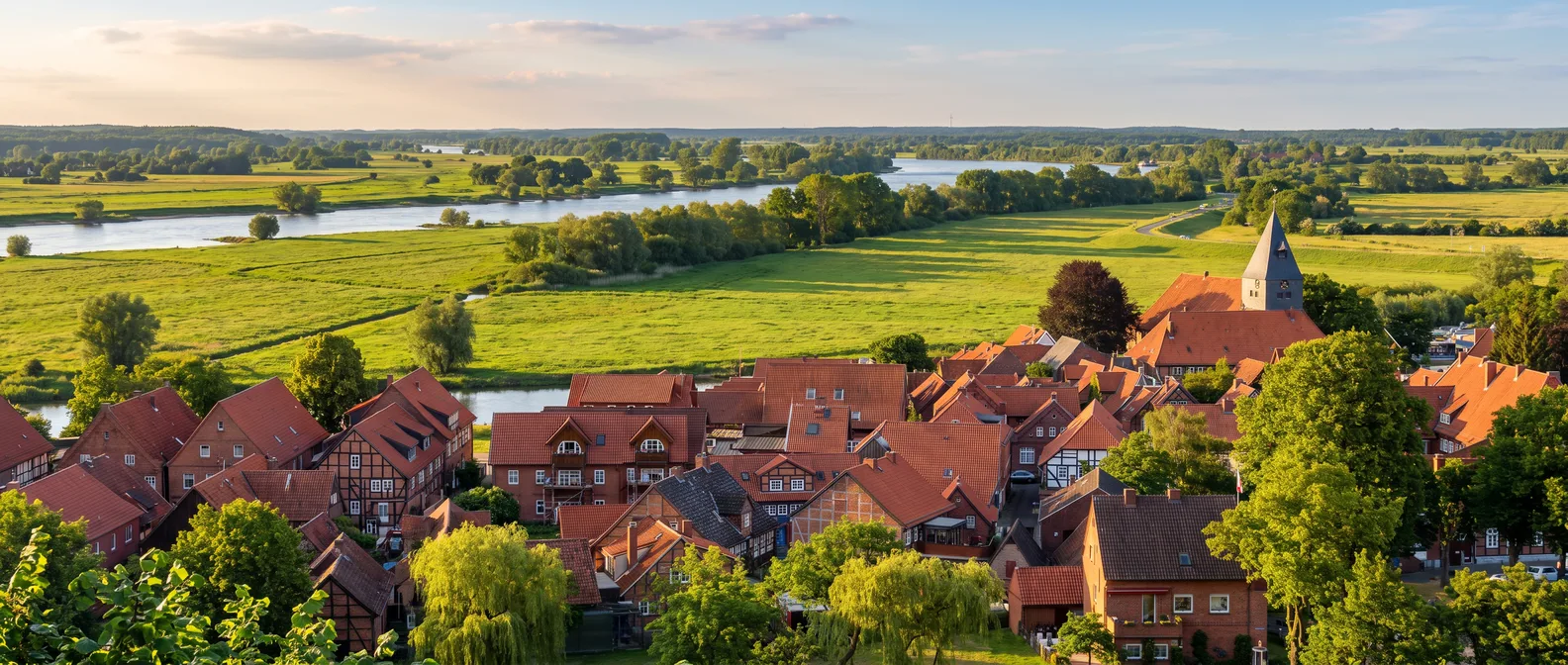 Blick vom Weinberg auf die Altstadt von Hitzacker mit roten Dächern und Kirchturm, dahinter die Elbtalaue mit der Elbe