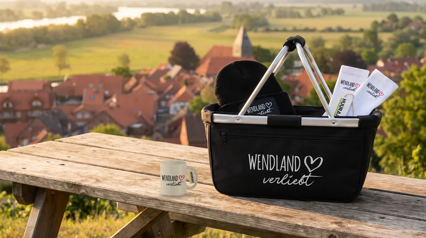 Schwarzer faltbarer Einkaufskorb „Wendland verliebt“ mit Beanie und Socken, daneben die Kaffeetasse, auf einem Picknicktisch über den Dächern von Hitzacker