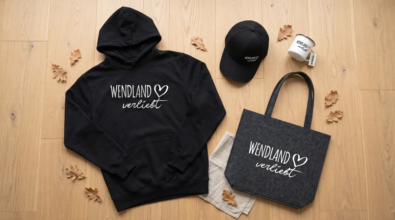 Flatlay mit schwarzem Hoodie, Cappy, Emaille-Tasse und grauem Filzshopper „Wendland verliebt“ auf hellem Holzboden