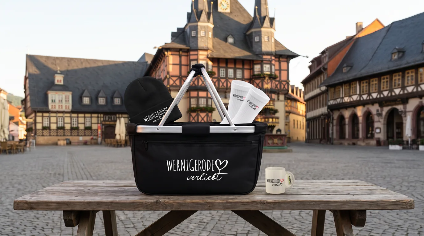Schwarzer Einkaufskorb Wernigerode verliebt mit Beanie und Socken, daneben eine weiße Kaffeetasse auf einem Holztisch vor dem Rathaus