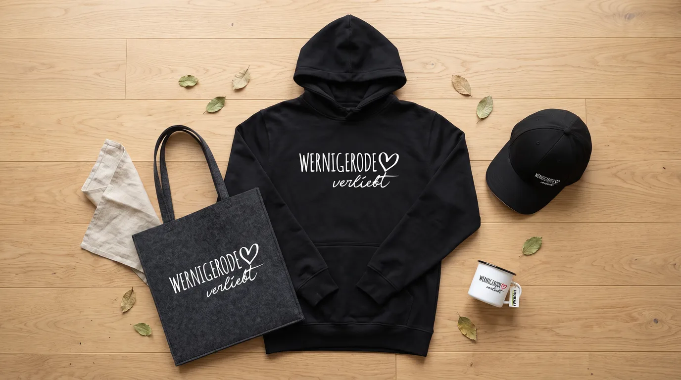 Flatlay mit schwarzem Hoodie Wernigerode verliebt, grauem Filzshopper, schwarzer Cappy und Emaille-Tasse auf Holzboden