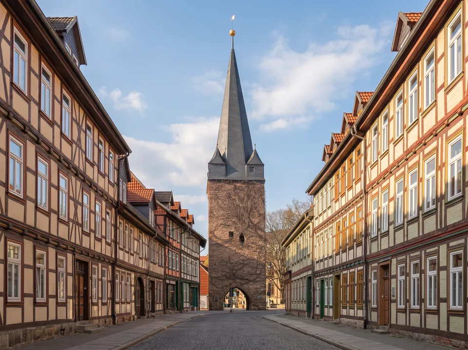 Der Westerntorturm in Wernigerode aus Bruchstein mit Torbogen und hohem spitzem Schieferhelm zwischen Fachwerkhäusern