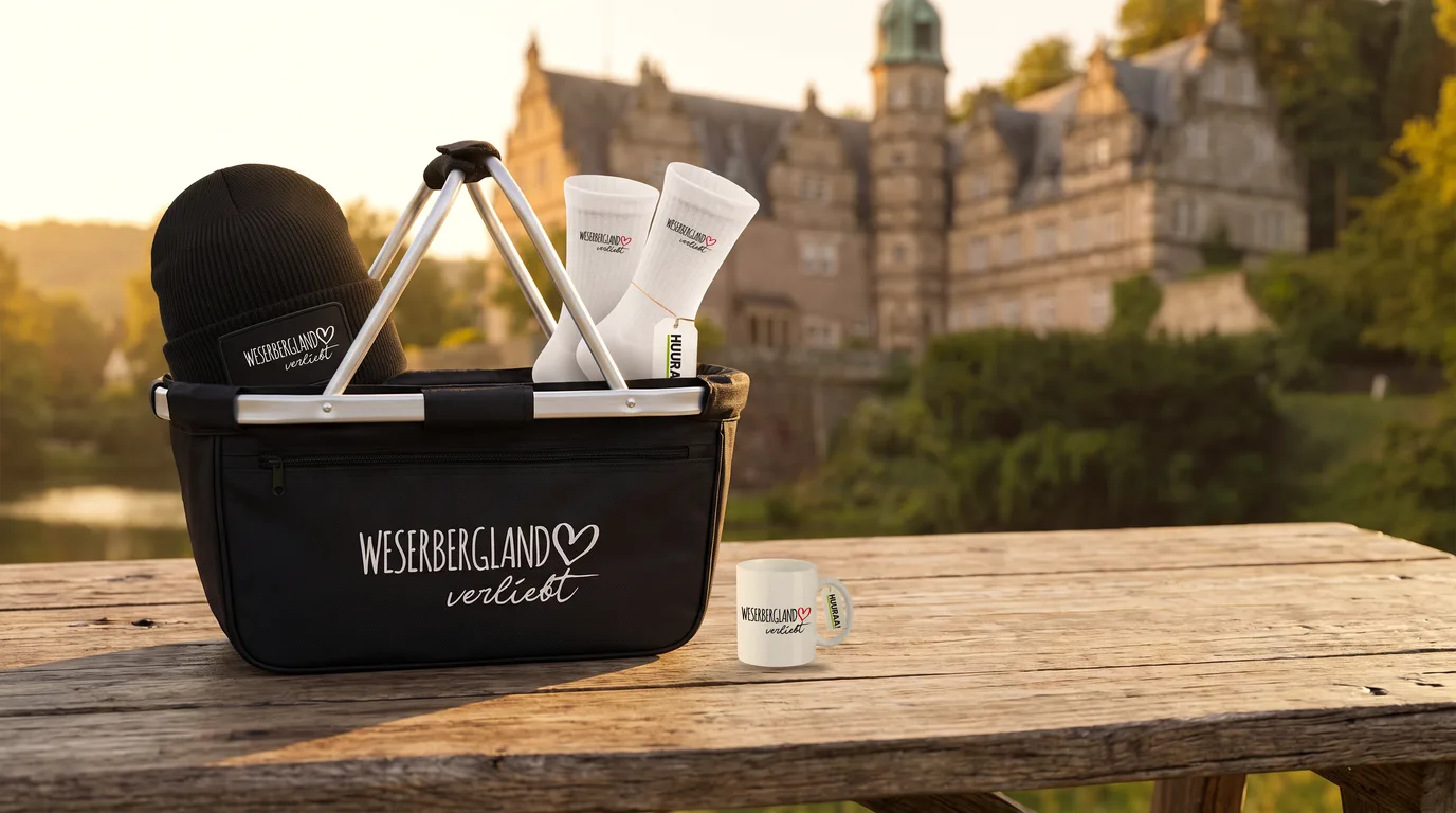 Schwarzer faltbarer Einkaufskorb „Weserbergland verliebt“ mit Beanie und Socken, daneben die Kaffeetasse, auf einem Holztisch vor Schloss Hämelschenburg