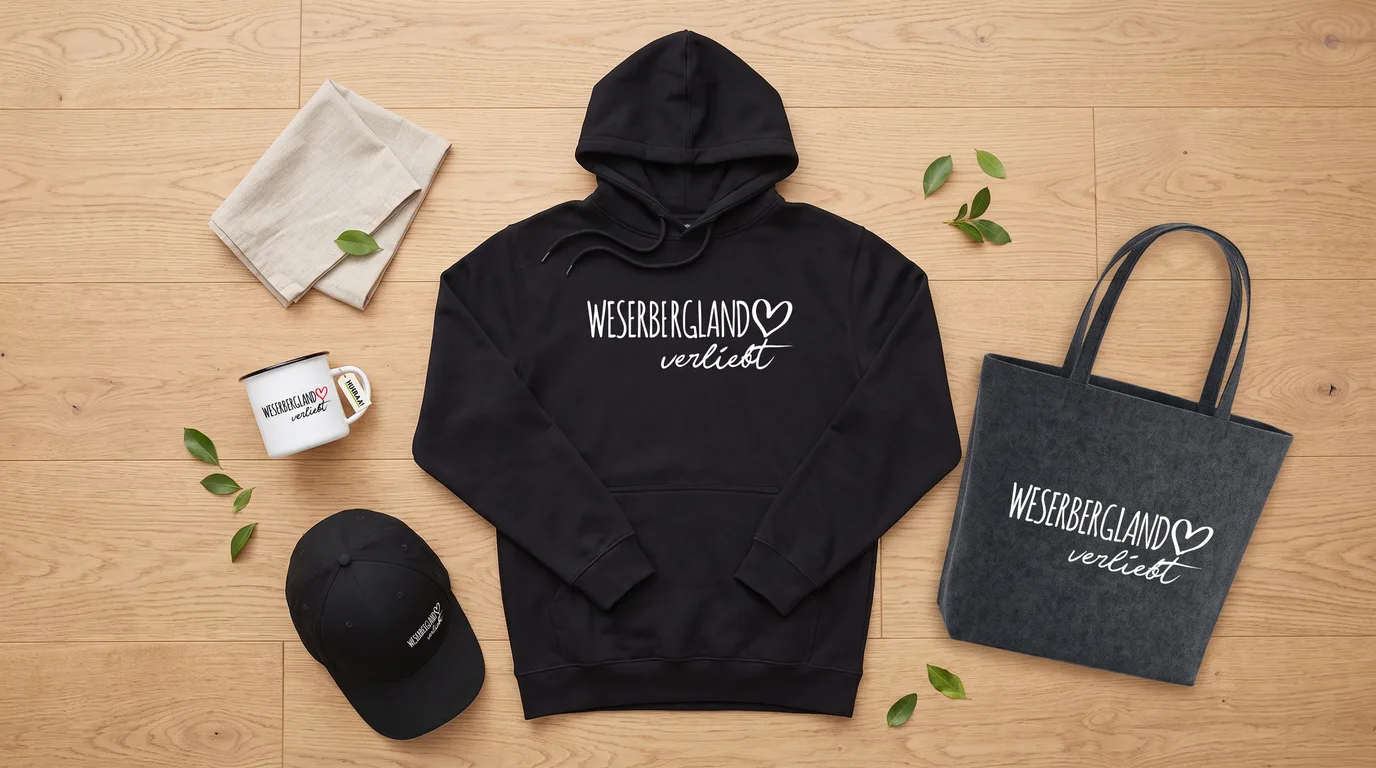 Flatlay mit schwarzem Hoodie „Weserbergland verliebt“, Filzshopper, Cappy und Emaille-Tasse auf hellem Holzboden