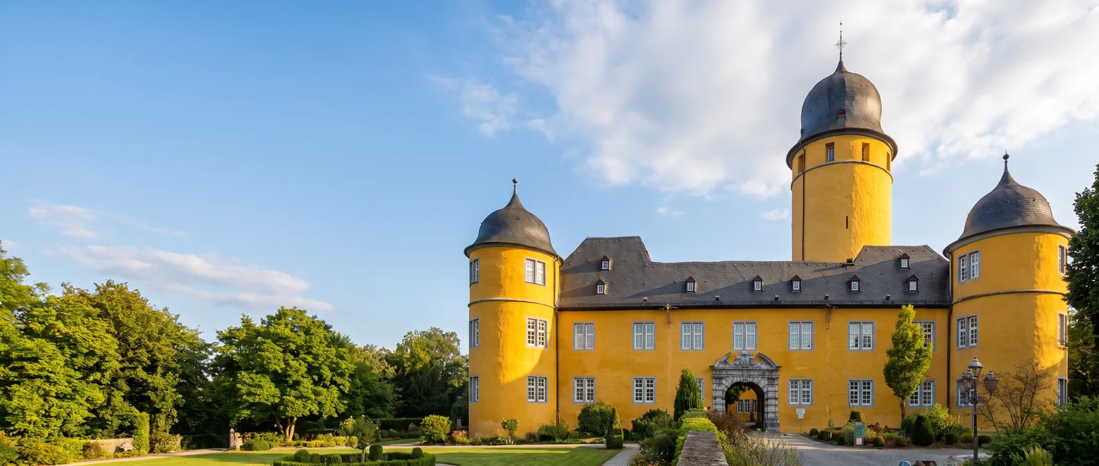 Ockergelbes Barockschloss Montabaur mit drei runden Türmen und dunklen Schieferhauben im Abendlicht über dem Schlossgarten