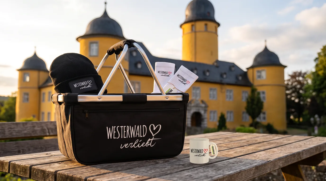 Schwarzer faltbarer Einkaufskorb „Westerwald verliebt“ mit Beanie und Socken, daneben die Kaffeetasse, auf einem Holztisch vor Schloss Montabaur