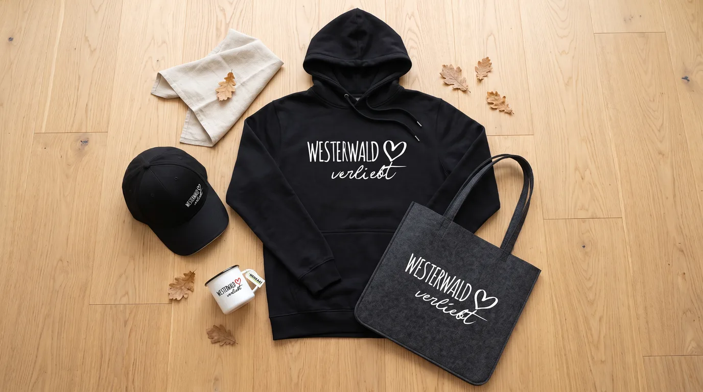 Flatlay mit schwarzem Hoodie „Westerwald verliebt“, Filzshopper, Cappy und Emaille-Tasse auf hellem Holzboden