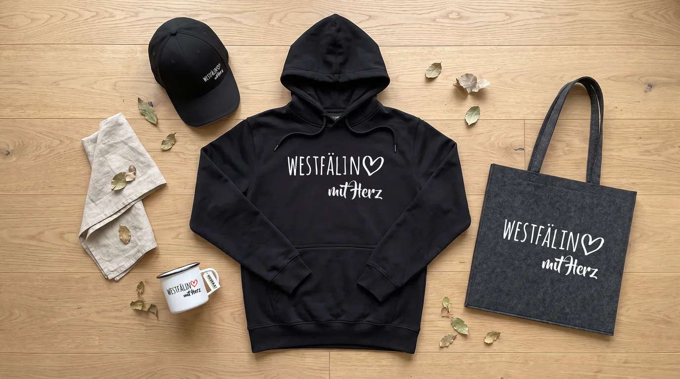 Flatlay mit schwarzem Hoodie, Cappy, Emaille-Tasse und grauem Filzshopper „Westfälin mit Herz“ auf hellem Holzboden