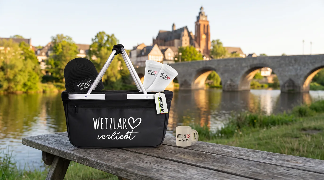 Faltbarer Einkaufskorb Wetzlar verliebt mit Beanie und Socken, daneben eine Kaffeetasse, auf einem Holztisch an der Lahn vor Dom und Alter Lahnbrücke