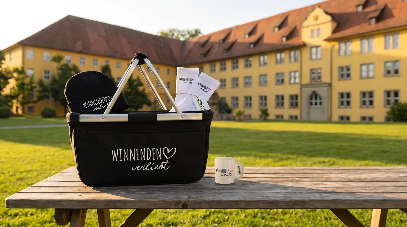 Einkaufskorb Winnenden verliebt mit Beanie und Socken, daneben eine Kaffeetasse, auf einem Holztisch vor Schloss Winnental