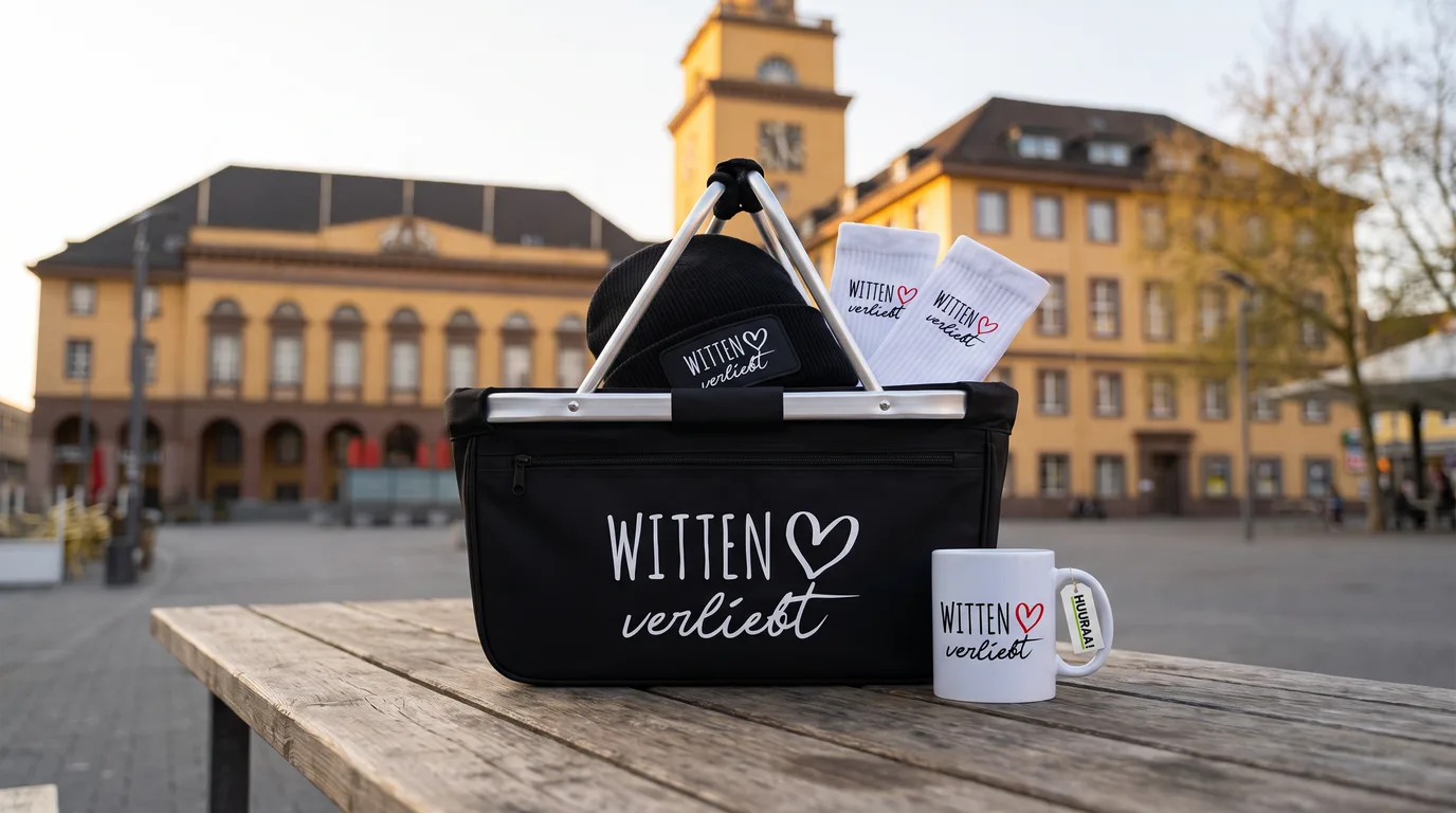 Faltbarer Einkaufskorb Witten verliebt mit Beanie und Socken, daneben die Kaffeetasse, auf einem Holztisch vor dem Rathaus Witten