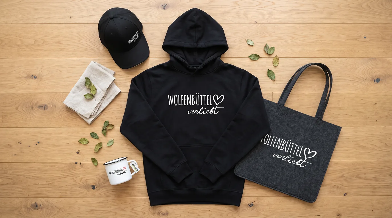 Flatlay mit schwarzem Hoodie, Cappy, Emaille-Tasse und grauem Filzshopper „Wolfenbüttel verliebt“ auf hellem Holzboden