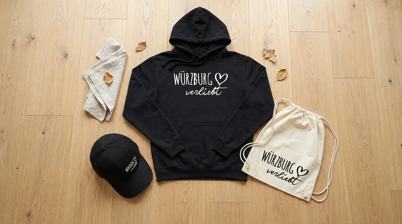 Flatlay mit schwarzem Hoodie, Cappy und Turnbeutel mit Würzburg-verliebt-Druck auf Holzboden