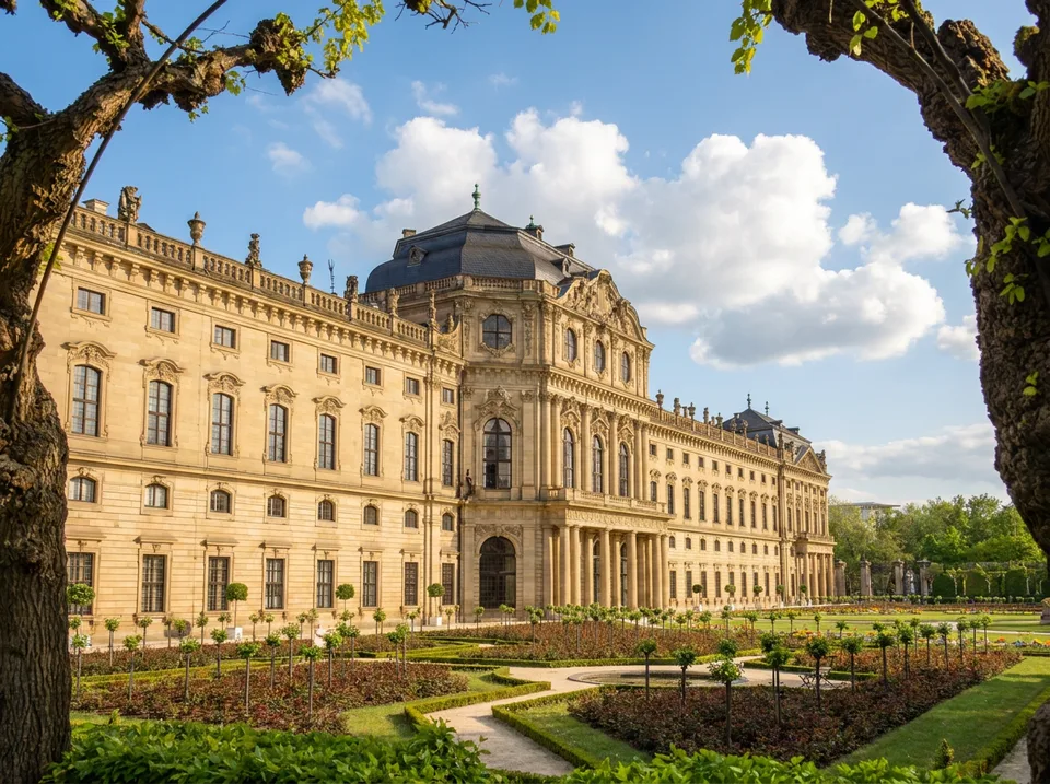Die barocke Würzburger Residenz vom Hofgarten aus mit Blumenbeeten und Bäumen im Vordergrund