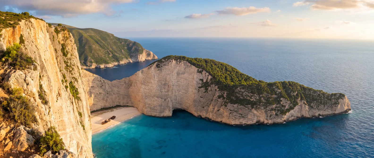 Navagio-Bucht auf Zakynthos: helle Steilklippen mit Kiefernwald umschließen den kleinen Strand mit dem rostigen Schiffswrack über türkisblauem Wasser