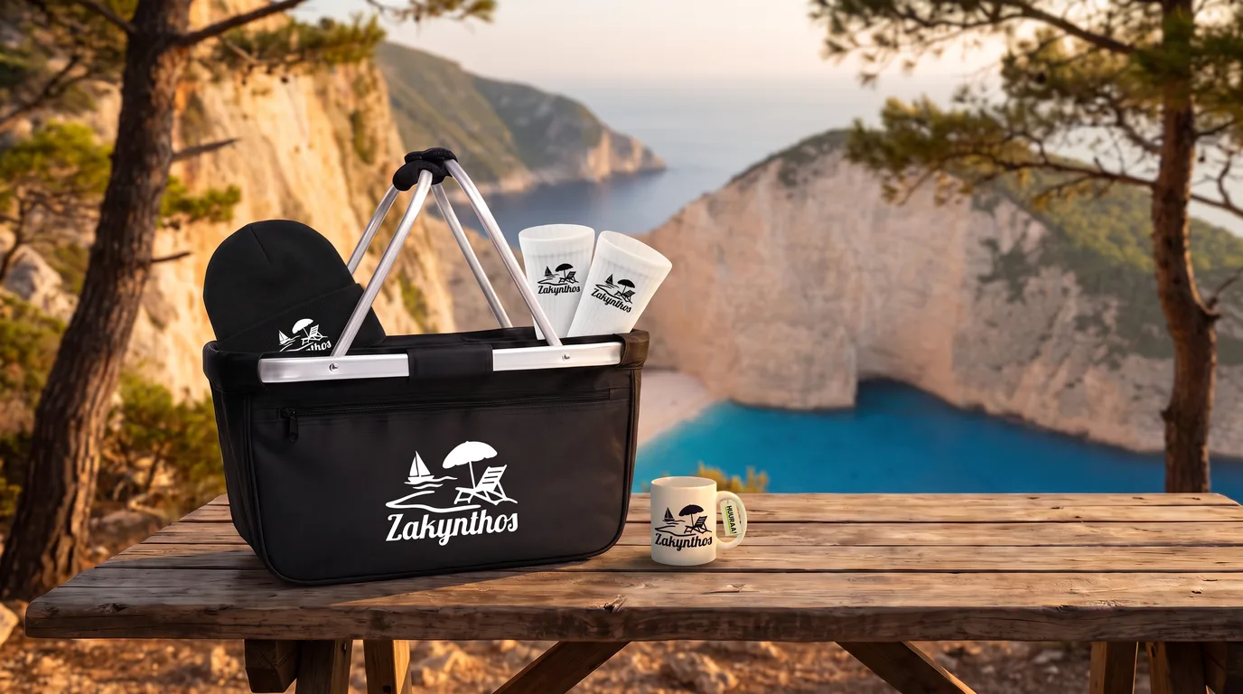 Schwarzer faltbarer Einkaufskorb mit Zakynthos Inselmotiv, Beanie und Socken, daneben die Kaffeetasse, vor der Navagio-Bucht