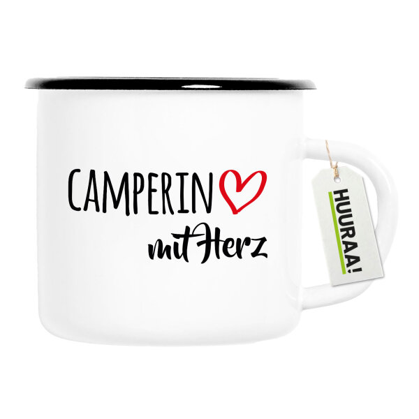 Emaille Tasse Camperin mit Herz 300ml Vintage Emaille Becher