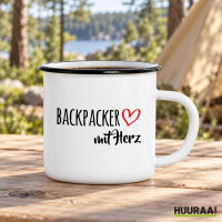 Emaille Tasse Backpacker mit Herz in Wei&szlig;, 300 ml
