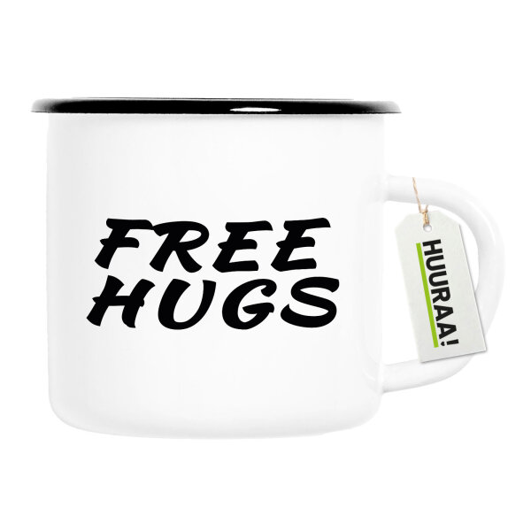 Emaille Tasse Free Hugs Schriftzug 300ml Vintage Emaille Becher