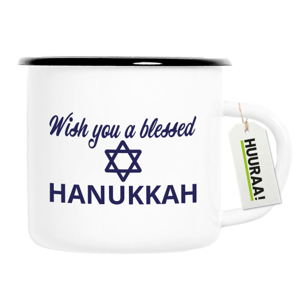 Emaille Tasse Wish blessed Hanukka Schriftzug 300ml Vintage Emaille Becher