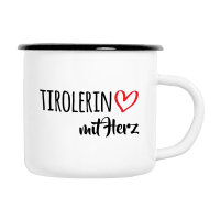 Emaille Tasse Tirolerin mit Herz in Wei&szlig;, 300 ml