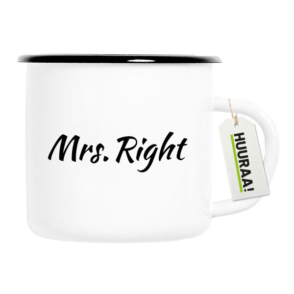 Emaille Tasse Mrs. Right Schriftzug 300ml Vintage Emaille Becher